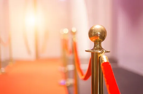 A red, velvet stanchion sits beside a red carpet.